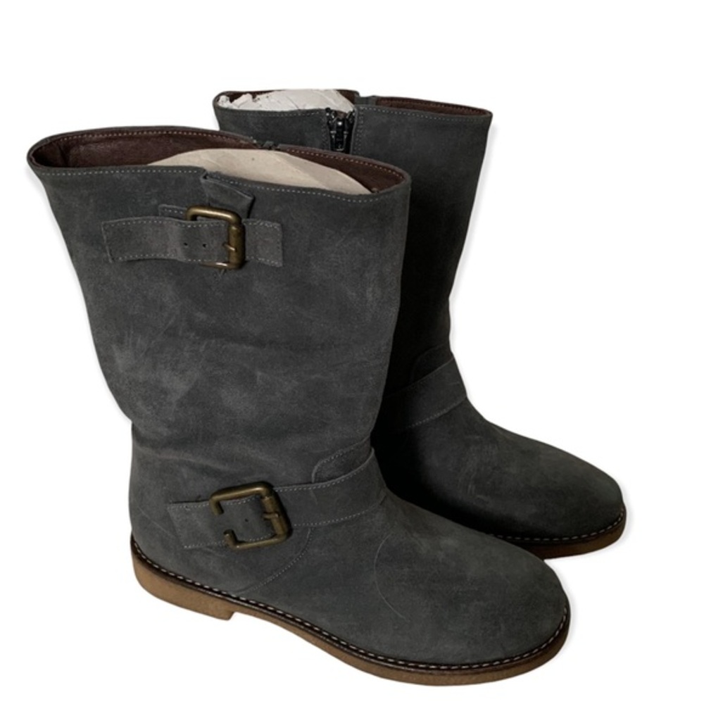 Nara Shoes Double Buckle Side-Zip Moto Boots Gray Suede EU 35.5 Womens NWOB